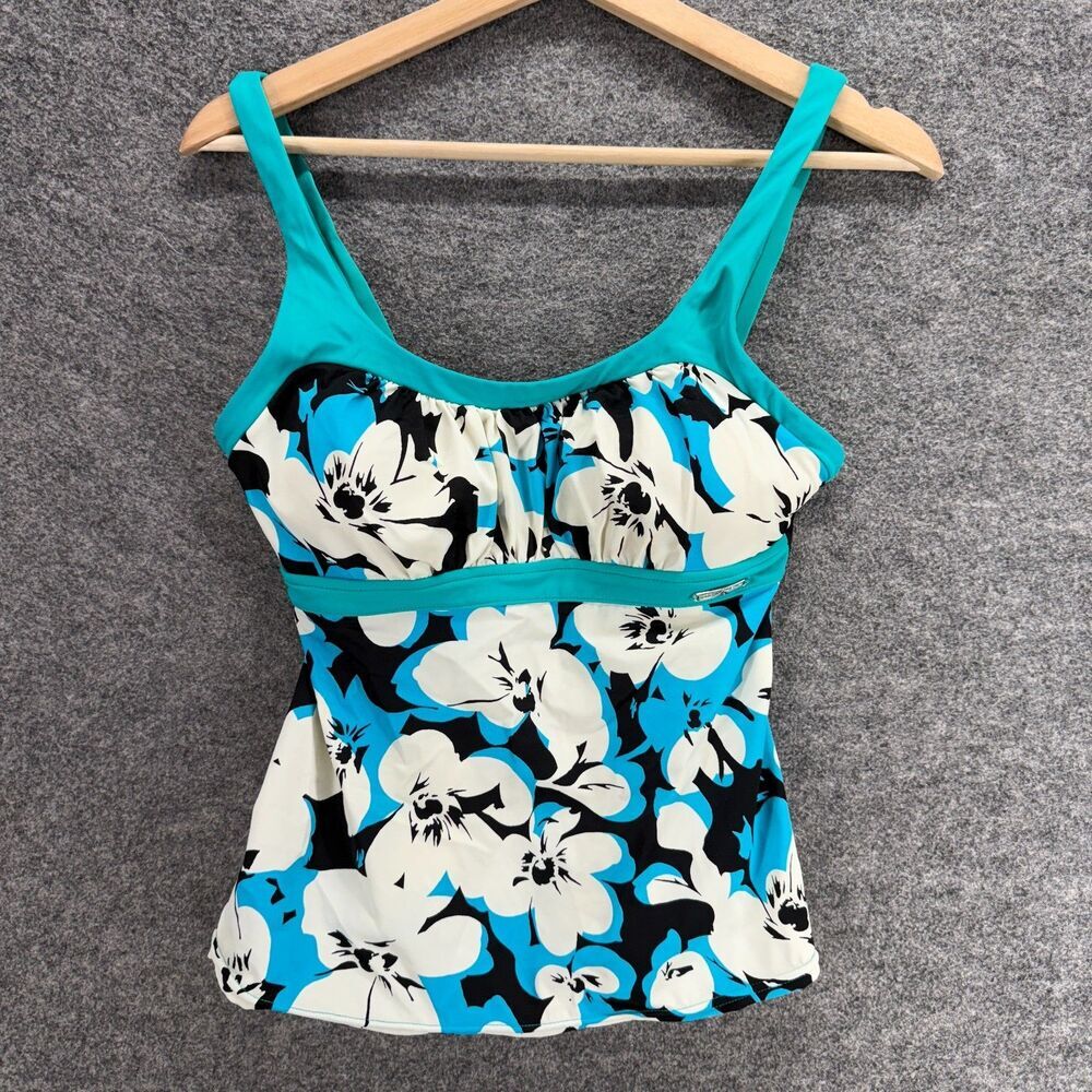 ZeroXposur Tankini Top Women 10 Blue Floral Push Up Sleeveless Wide Strap Lined